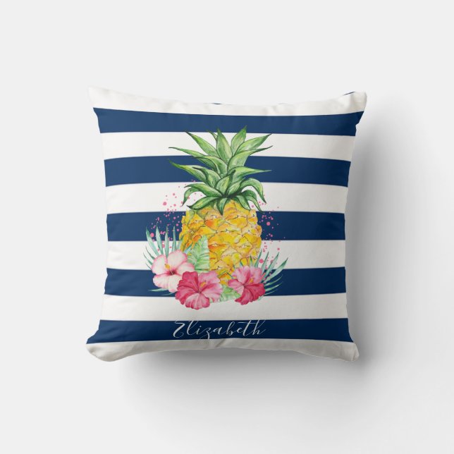 Coussin Hibiscus Ananas Aquarelle, Rayure Bleu Marine (Recto)