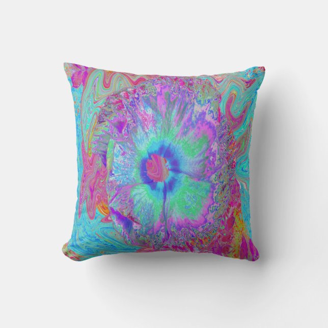 Coussin Hibiscus Bleu Rétro Psychedélique Arc-en-Ciel (Recto)
