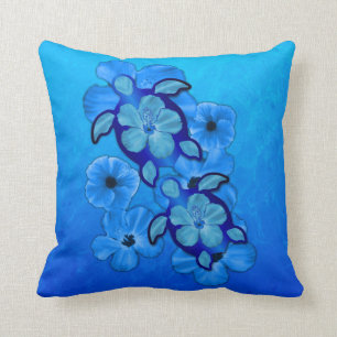 Coussin Hibiscus Bleus Et Tortues Honu