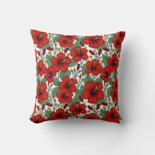 Coussin Hibiscus botanique rouge tropical