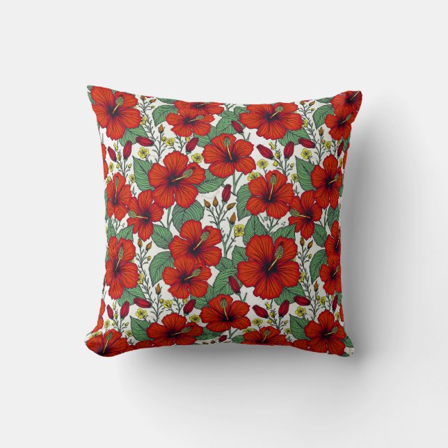 Coussin Hibiscus botanique rouge tropical (Recto)