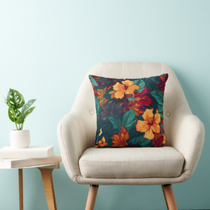 Coussin Hibiscus coloré, Jaune Orange Vert Floral