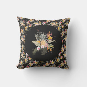 Coussin Hibiscus d'ananas Noir tropical