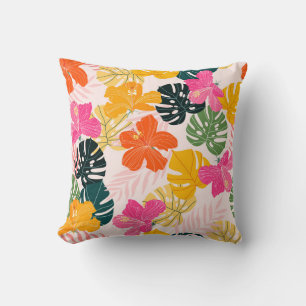 Coussin Hibiscus et monstère feuille motif tropical desi