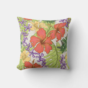 Coussin Hibiscus et orchidées hawaïens tropicaux de Keleah
