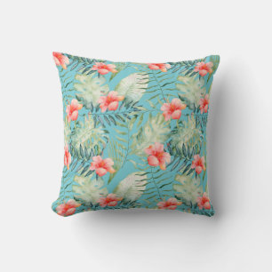 Coussin Hibiscus Feuille tropical Aqua aquarelle
