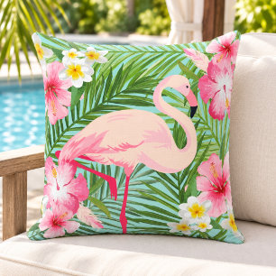 Coussin Hibiscus Flamant Tropical Palmier Aqua