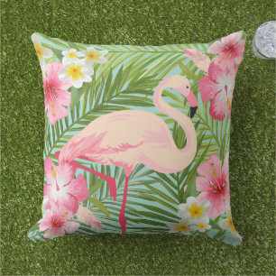 Coussin Hibiscus Flamant Tropical Palmier Aqua