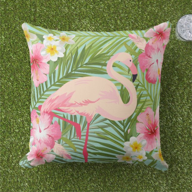 Coussin Hibiscus Flamant Tropical Palmier Aqua (Herbe)