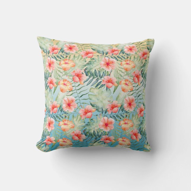Coussin Hibiscus floral aqua rose jaune pêche     (Recto)