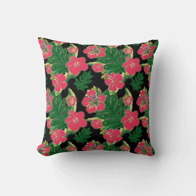Coussin Hibiscus Fuchsia avec Motif feuille banane (Recto)
