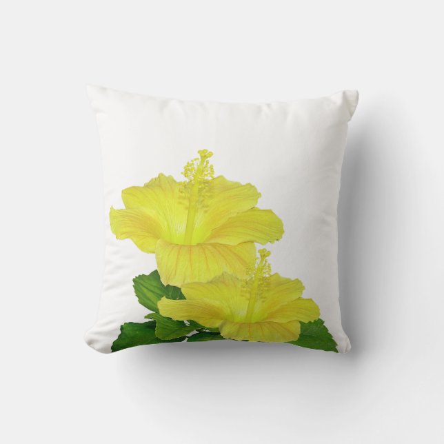 Coussin Hibiscus jaune tropical sur un carré blanc (Recto)