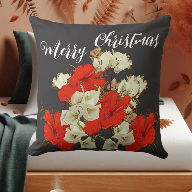 Coussin Hibiscus Joyeux Noël Floral Fleuris (Red Garden Hibiscus Merry Christmas Floral Blooms Throw Pillow)