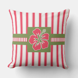 Coussin Hibiscus rose chaud avec des rayures Monogramme