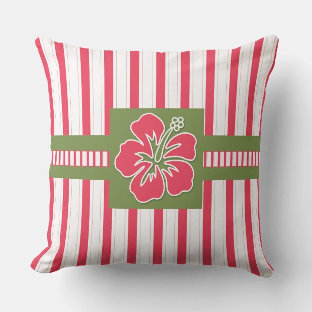 Coussin Hibiscus rose chaud avec des rayures Monogramme (Recto)