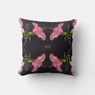 Coussin Hibiscus rose en noir