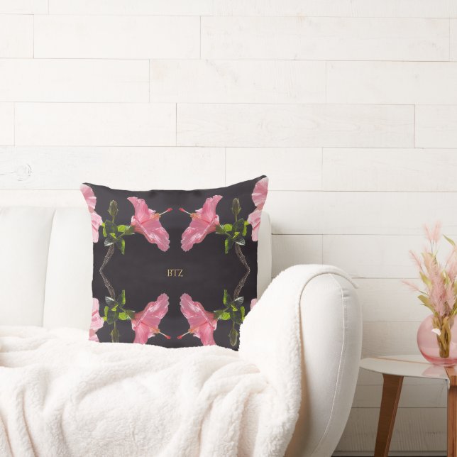 Coussin Hibiscus rose en noir (Canapé)