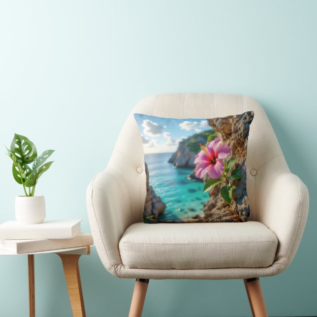 Coussin Hibiscus rose poussant sur une falaise rocheuse (Chaise)