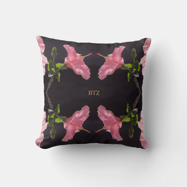 Coussin Hibiscus rose sur fond noir (Recto)
