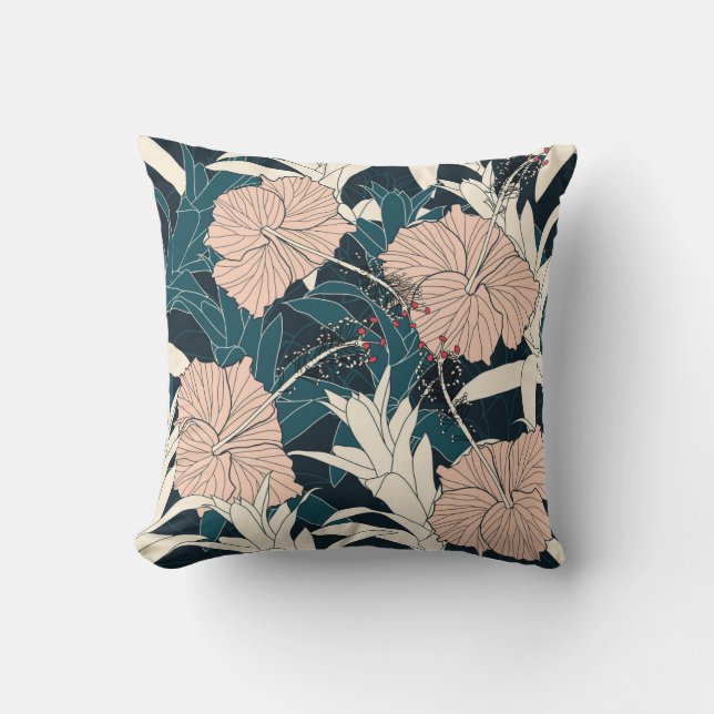 Coussin Hibiscus rose tropical, arrière - plan sombre (Recto)