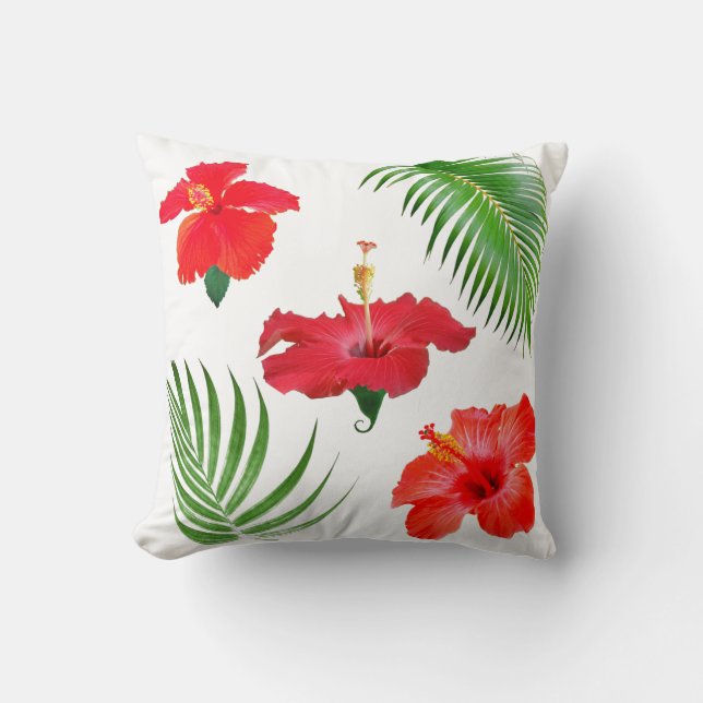 Coussin Hibiscus rouge tropical Fleurs et Feuilles de palm (Recto)