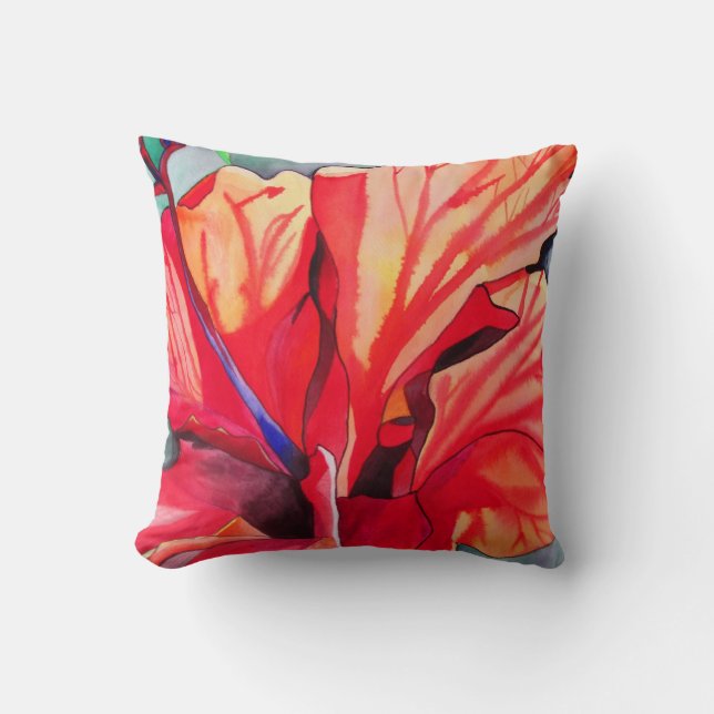 Coussin Hibiscus rouge tropical floral (Recto)