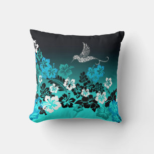 Coussin Hibiscus sur Turquoise avec Hummingbird Compact Mi