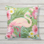 Coussin Hibiscus tropical avec Flamant rose rose<br><div class="desc">Le design coussin de style tropical est orné d'un flamant rose encadré d'un motif de style hawaïen de fleurs d'hibiscus roses,  jaunes et blanches vibrantes et d'un arrière - plan de feuilles de palmier vert.</div>