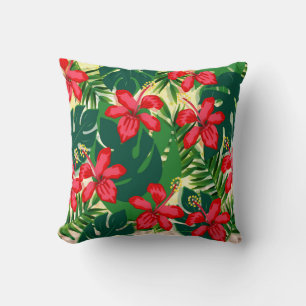 Coussin Hibiscus tropical coloré rouge et vert