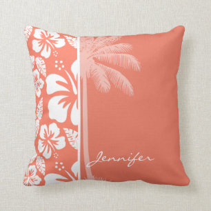 Coussin Hibiscus Tropical De Couleur De Corail ; Palme D'É