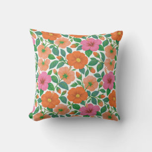 Coussin Hibiscus Tropical en Rose, Abricot et Orange