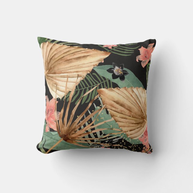 Coussin Hibiscus tropical feuille de palme séchée à la fle (Recto)
