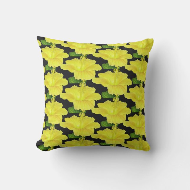 Coussin Hibiscus Tropical Fleur Noir et Jaune (Recto)