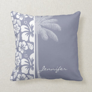 Coussin Hibiscus tropical Hawaïen gris-bleu ; Palme