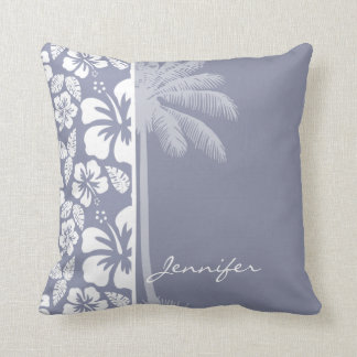 Coussin Hibiscus tropical Hawaïen gris-bleu ; Palme