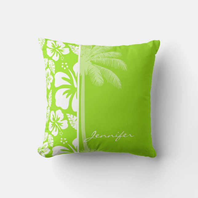 Coussin Hibiscus Tropical Hawaïen Vert-Jaune; Palme (Recto)