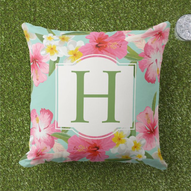 Coussin Hibiscus Tropical Monogramme Aqua Floral (Herbe)