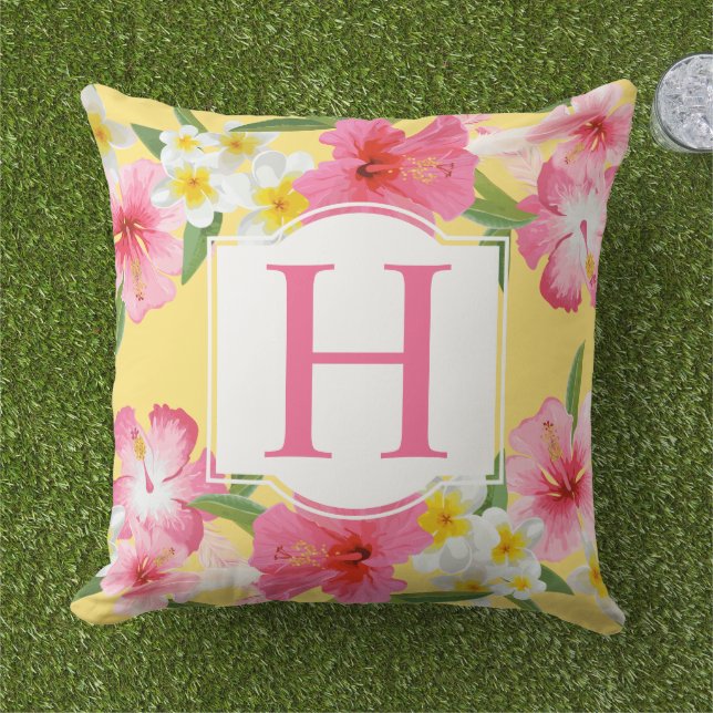 Coussin Hibiscus Tropical Monogramme Jaune Floral (Herbe)