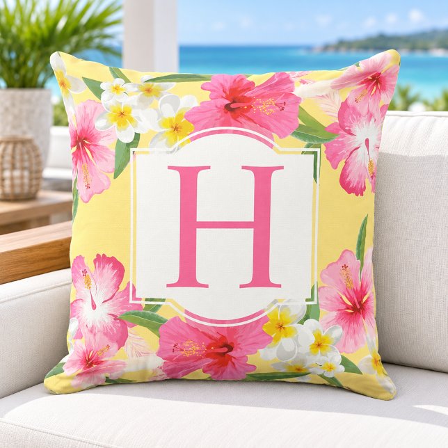 Coussin Hibiscus Tropical Monogramme Jaune Floral (Créateur téléchargé)