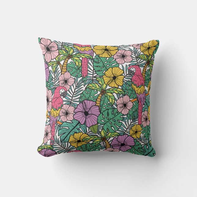 Coussin Hibiscus tropical, palmier, perroquets motif. (Recto)