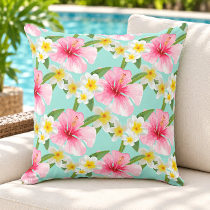 Coussin Hibiscus Tropical Plumeria Motif Aqua