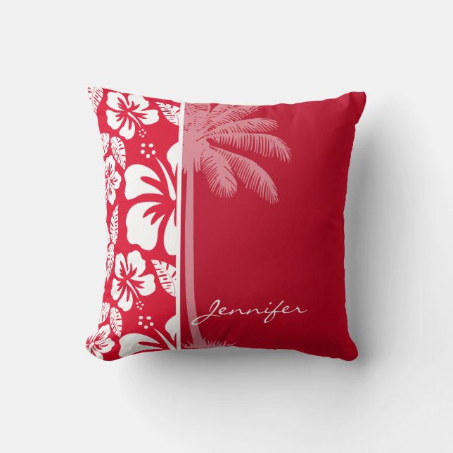 Coussin Hibiscus Tropical Rouge Cadmium ; Palm (Recto)