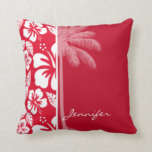 Coussin Hibiscus Tropical Rouge Cadmium ; Palm