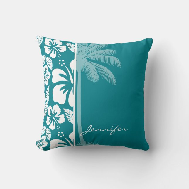 Coussin Hibiscus Tropical Turquoise foncé ; Palm (Recto)