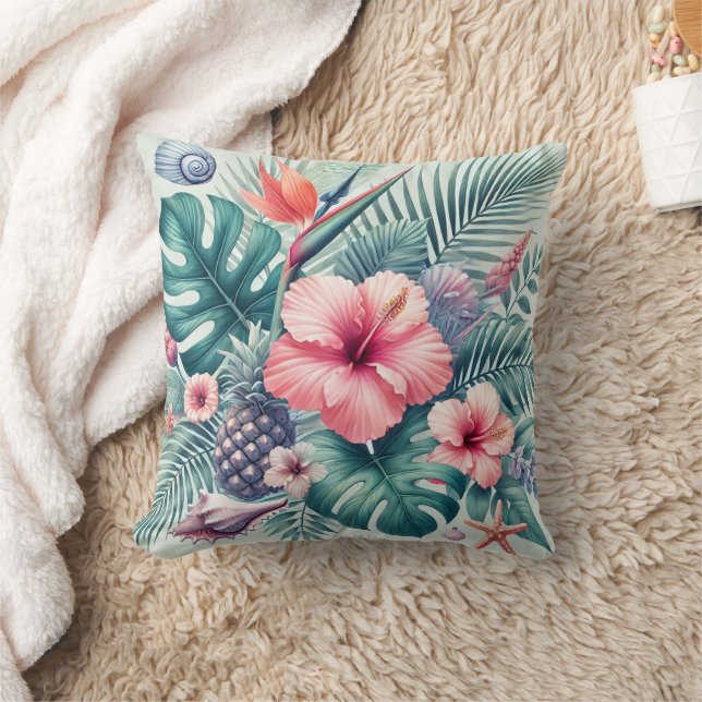 Coussin Hibiscus tropicaux et Feuilles de palmiers (Couverture)