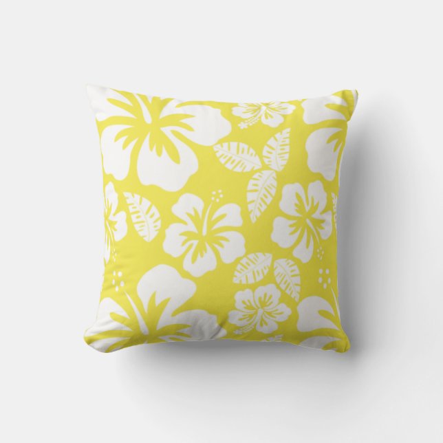 Coussin Hibiscus tropicaux hawaïens jaune citron (Recto)