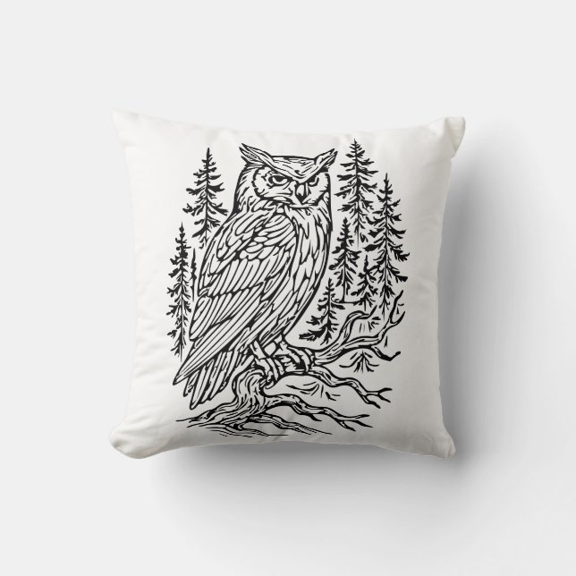 Coussin Hibou à cornes détaillé dans une gravure linéaire  (Recto)