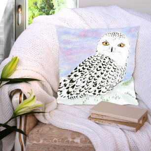 Coussin Hibou Blanc Au Coucher De Soleil D'Hiver Au Crayon