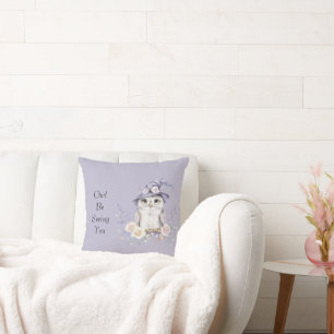 Coussin Hibou Blanc Chapeau Violet Jolies Fleurs