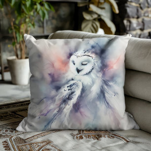 Coussin Hibou Blanc Enchanté en Aquarelle